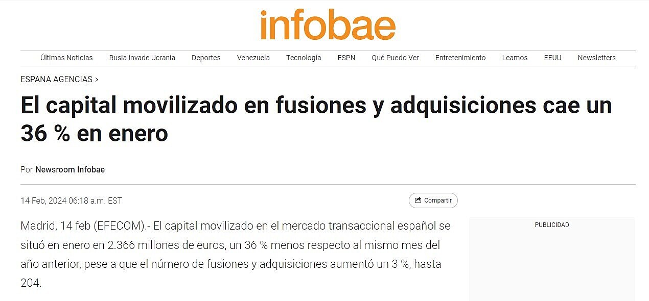 El capital movilizado en fusiones y adquisiciones cae un 36 % en enero